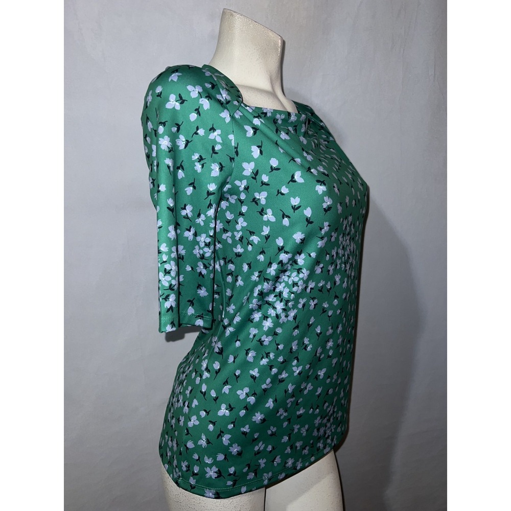 Ann Taylor Top Floral Stretch Envelope Neck Shirt Women's Size M Green Half Slv - Picture 3 of 8